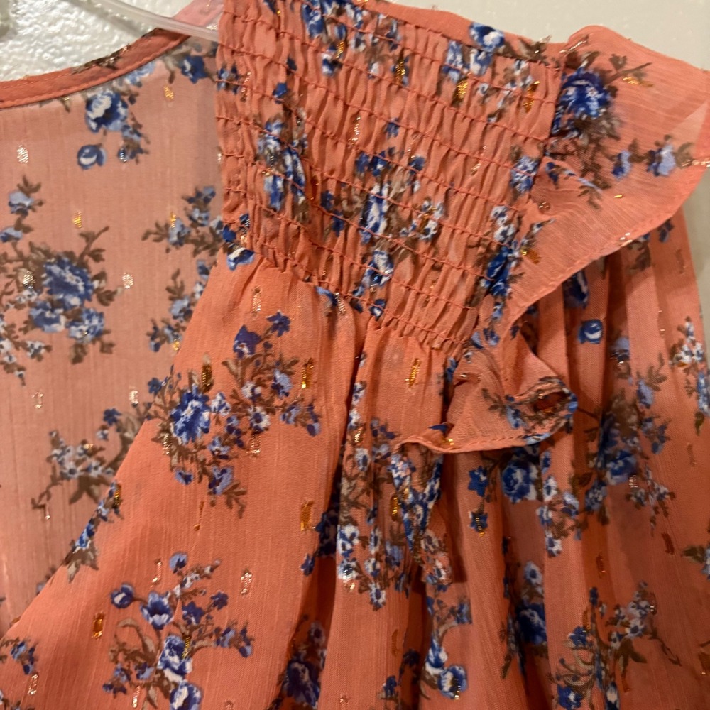 B. Smart Dusty Rose Pink Blue Floral Mini Smocked Ruffle Trim Dress  (Junior‎ 3) - Picture 5 of 7